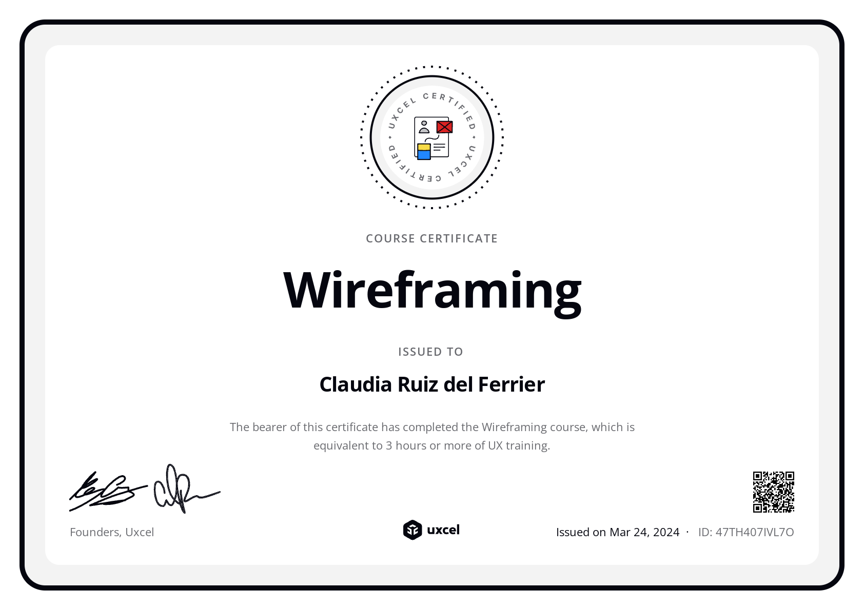 Claudia Ruiz del Ferrier's certificate